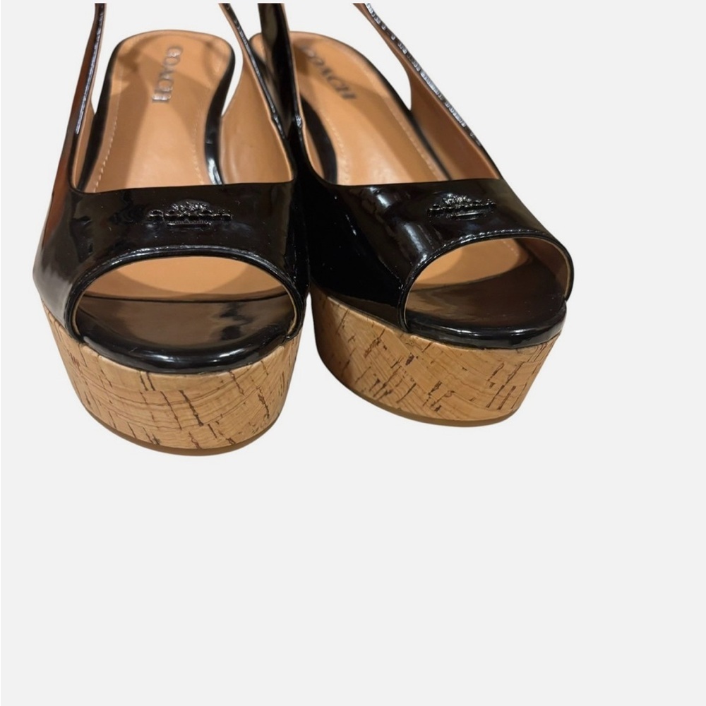 NWOB Coach Ferry Black Patent Leather Peek A Boo Toe Slingback Cork Wedges 8.5B - Picture 3 of 10
